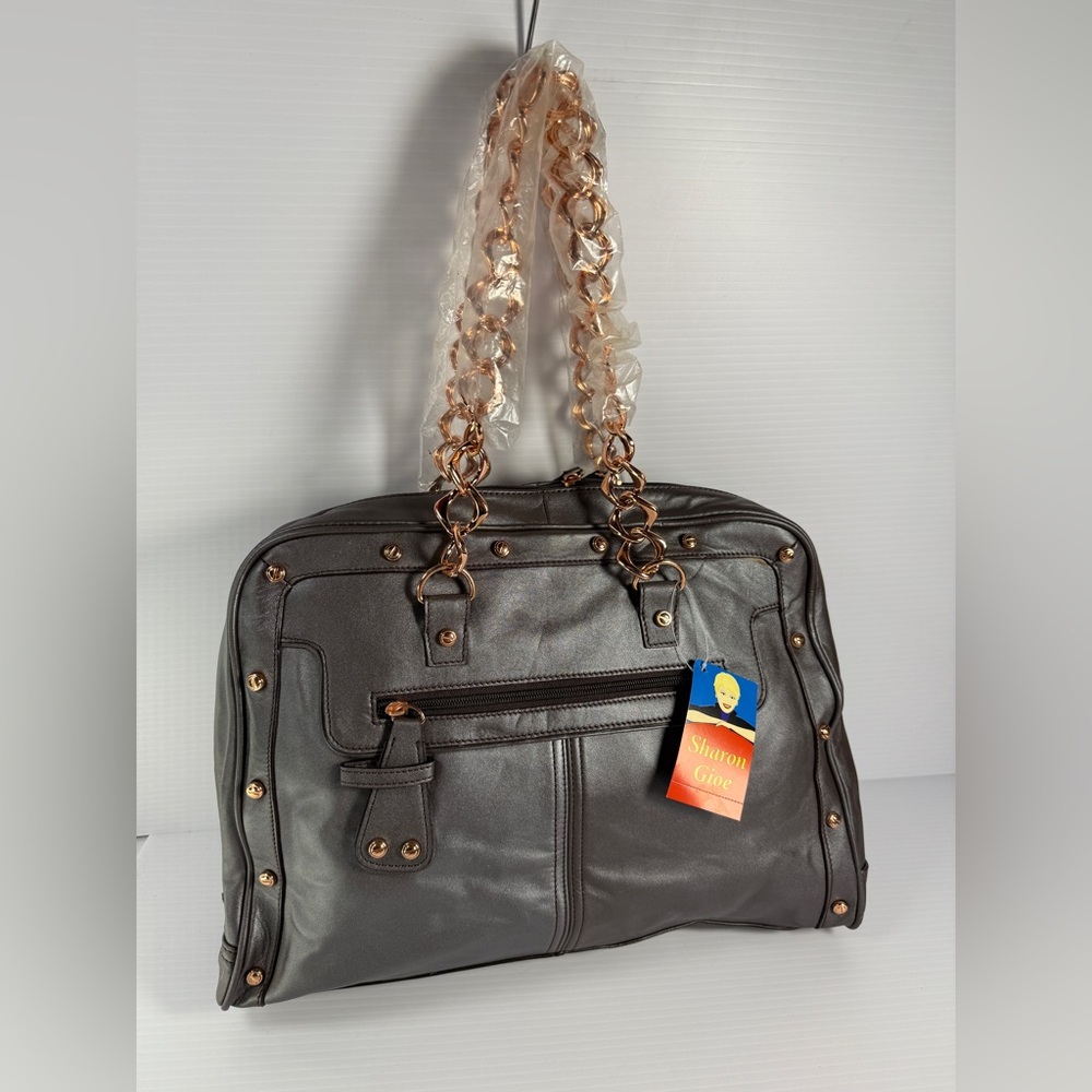 Sharon Gioe Gray Leather Shoulder Bag with Copper Chain Straps and Hardware .